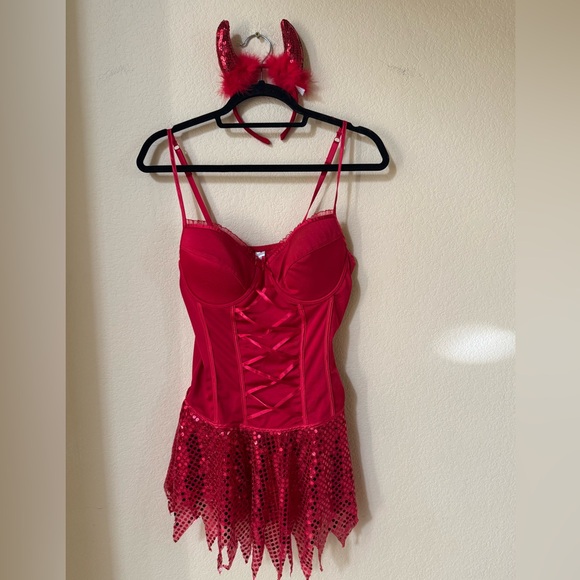 Sexy Red Devil Costume Sequined Bustier Dress and Horn Headband Size Large - Picture 1 of 5